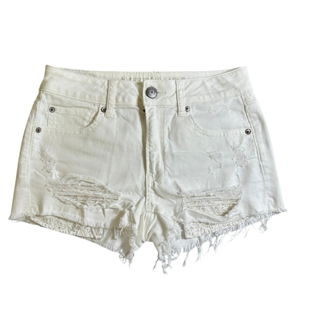 American Eagle Hi-Rise Shortie White Distressed Denim Shorts Size 4